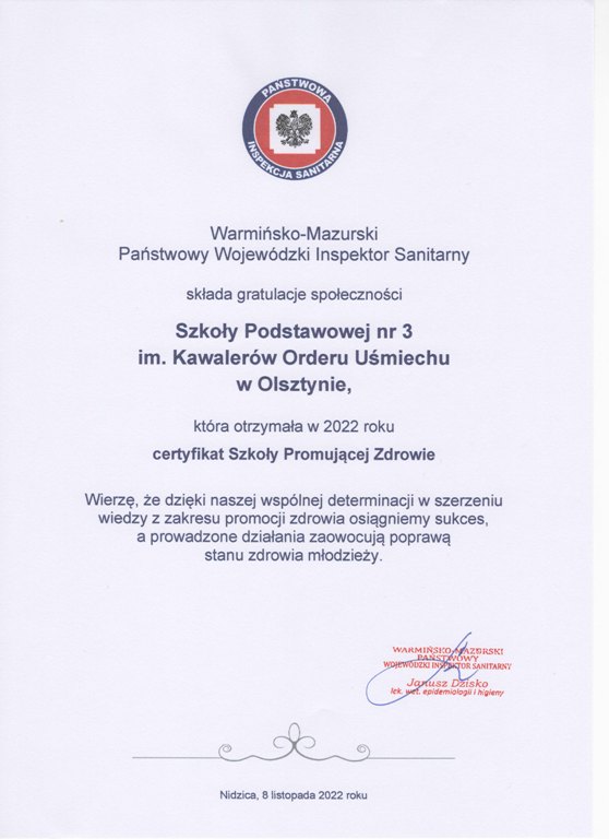 Dylom z gratulacjami za zdobycie certyfikatu od Inspektora Sanitarnego