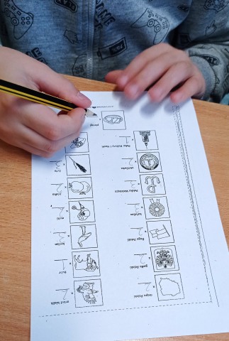 Na zdjęciu widoczne są ręce osoby, która wypełnia test. Osoba ta trzyma ołówek i zaznacza odpowiedzi na karcie odpowiedzi. Karta zawiera różne obrazki i słowa w języku polskim.  Jedna ręka trzyma brązową kredkę i koloruje obrazek, podczas gdy druga ręka spoczywa na papierze. Zielony piórnik jest częściowo widoczny w lewym górnym rogu obrazu. Dziecko wydaje się siedzieć przy stole podczas kolorowania. Niektóre obrazy są już pokolorowane różnymi kolorami, w tym czerwonym, żółtym, zielonym i brązowym, podczas gdy inne pozostają niepokolorowane.